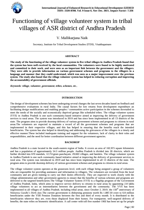 Functioning of Village Volunteer System in Tribal Villages